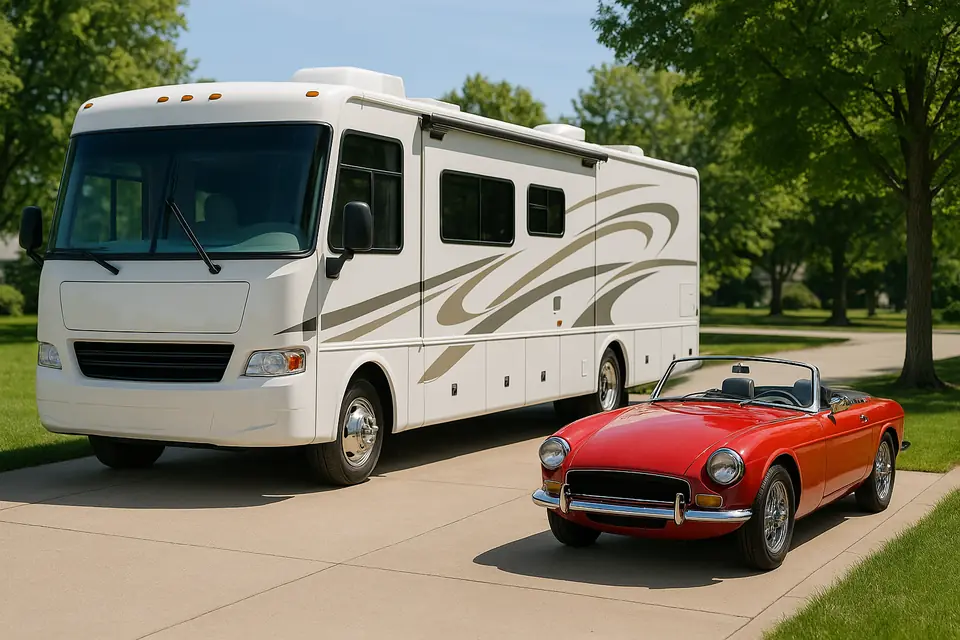 White Class A motorhome and a small red roadster parked side by side in a driveway