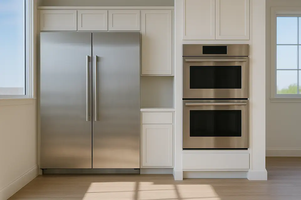 Stainless steel professional refrigerator and double wall oven standing in an empty kitchen