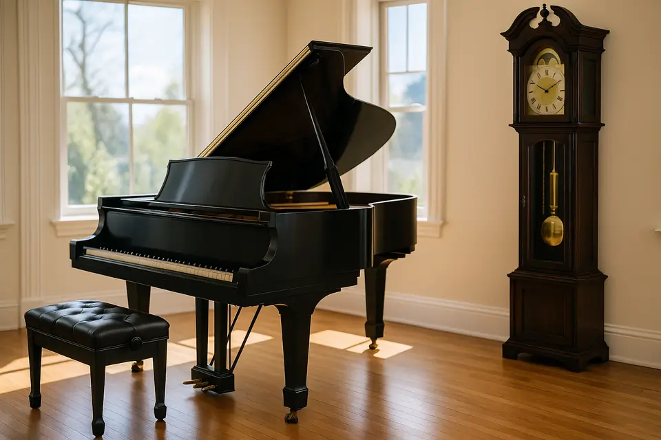 Black grand piano with the lid raised standing beside a tall wooden grandfather clock in a bright room