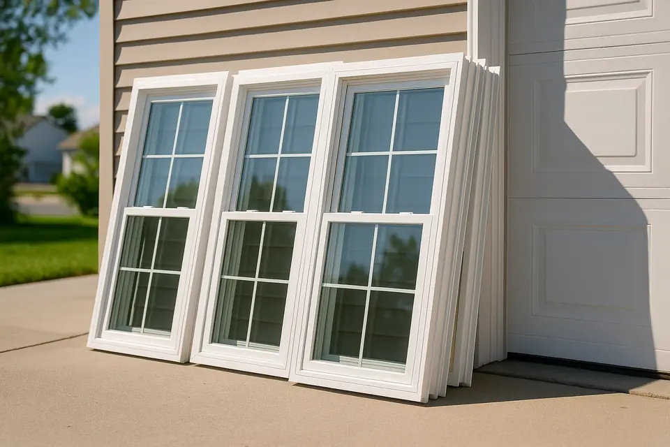 New white vinyl double hung replacement windows stacked upright against a garage wall