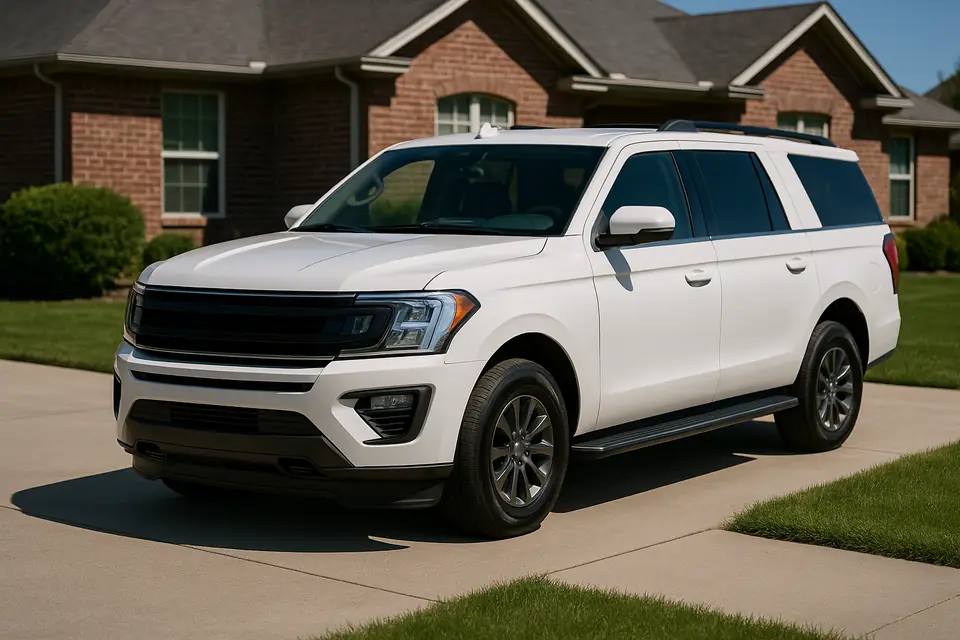 White full size three row SUV parked on a suburban driveway