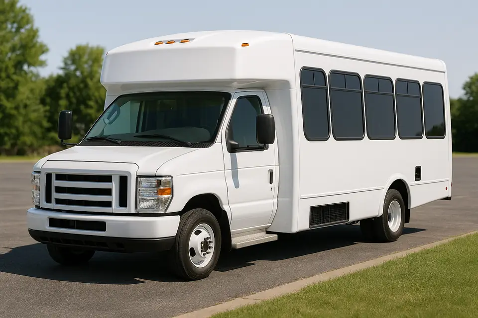 White cutaway chassis shuttle bus parked on an asphalt lot