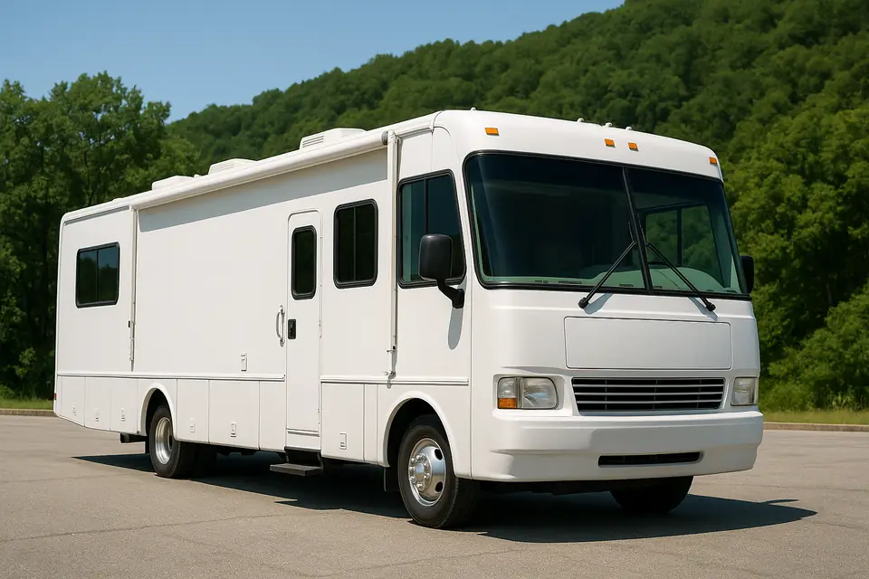 A white motorhome parked on a paved lot with wooded hills behind it