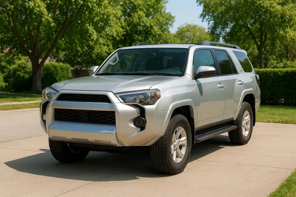 A silver midsize SUV parked on a suburban driveway with leafy trees behind it