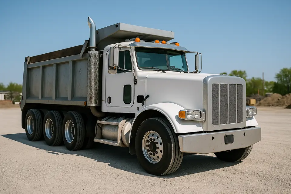 A white triaxle dump truck with a raised steel body parked on a gravel yard