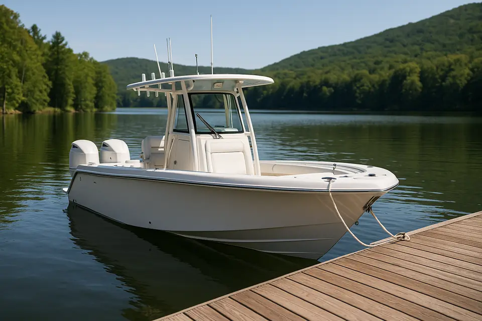 White offshore center console fishing boat moored at a wooden dock on a calm lake