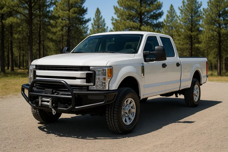 A white heavy duty crew cab pickup with a black tubular front bumper and winch, parked on gravel in daylight