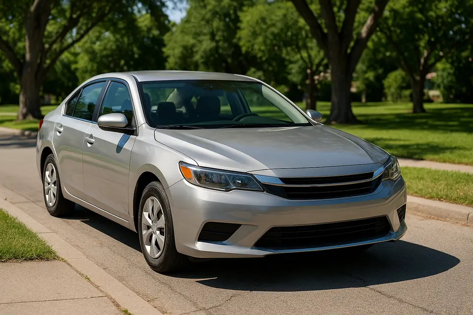 A silver four door sedan parked at the kerb on a tree lined suburban street in bright daylight