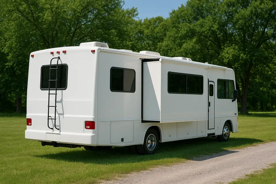 A white class A motorhome seen from behind with its slide out room extended, standing on grass beside a gravel drive