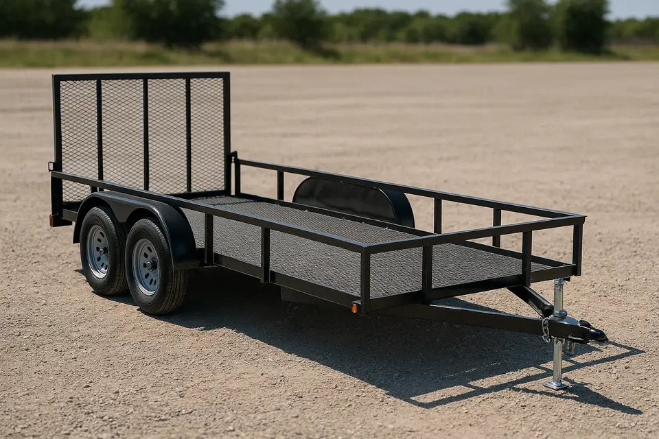 A plain unmarked tandem axle utility trailer standing on a gravel lot in sunlight