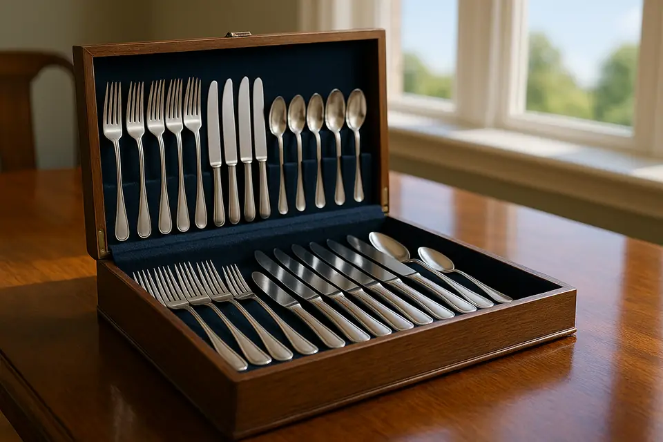 Open wooden canteen chest holding a sterling silver flatware service on a polished table