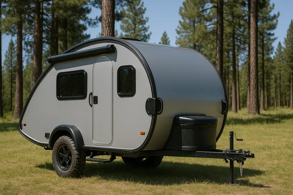 Small silver teardrop travel trailer parked on grass among pine trees