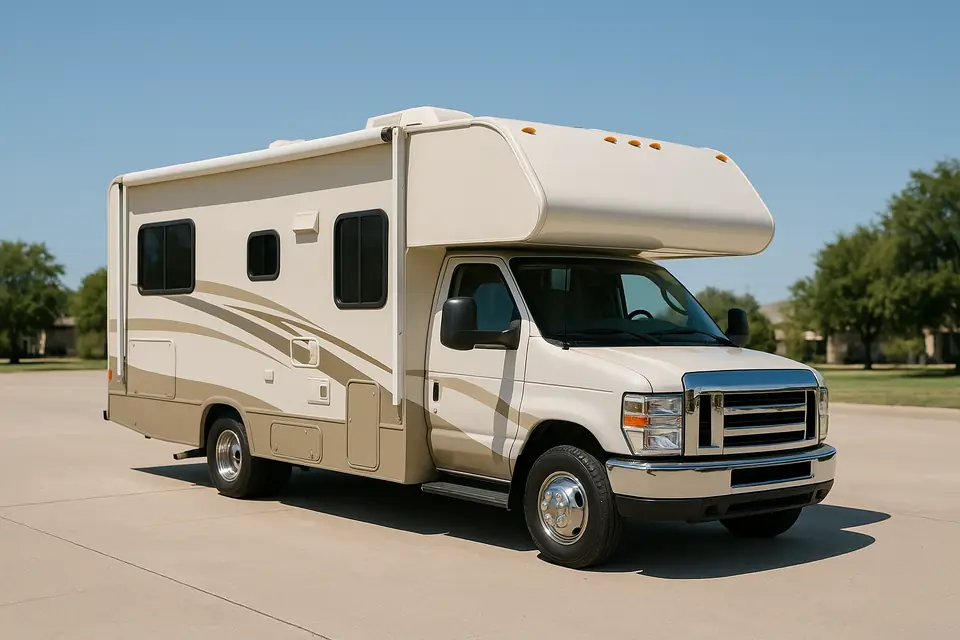 Beige and white Class C motorhome parked on a driveway under a clear sky