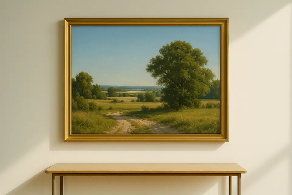 One large framed landscape painting hanging alone on a bright interior wall