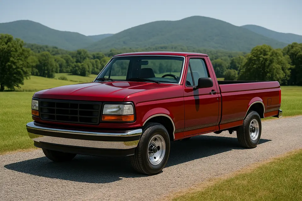 Restored deep red full size pickup truck parked on a gravel drive below green hills