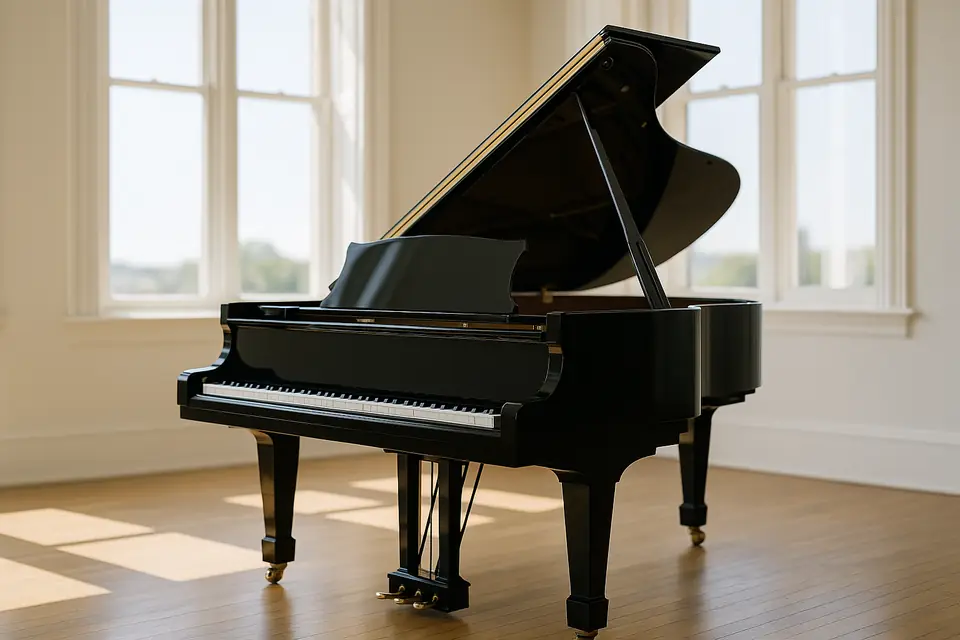 A polished black baby grand piano with the lid raised in a bright room with tall windows