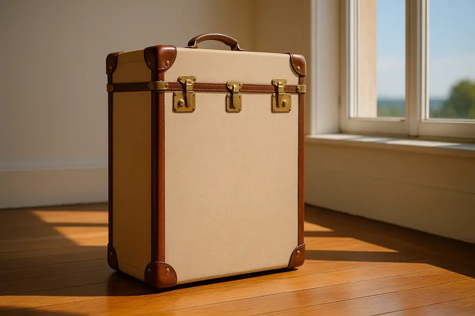 A vintage canvas and leather travel trunk with brass corners standing on a wooden floor in daylight