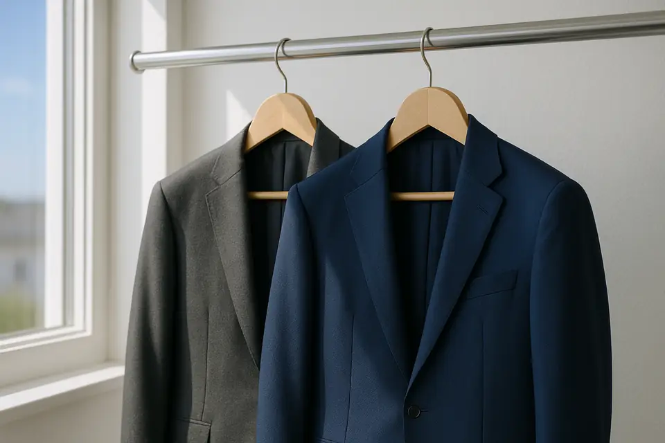 Two tailored charcoal and navy wool suits on wooden hangers against a bright white wall