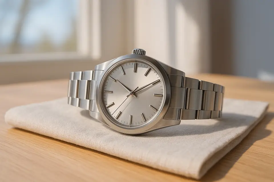 Stainless steel luxury wristwatch with a blank dial on a pale linen surface in daylight