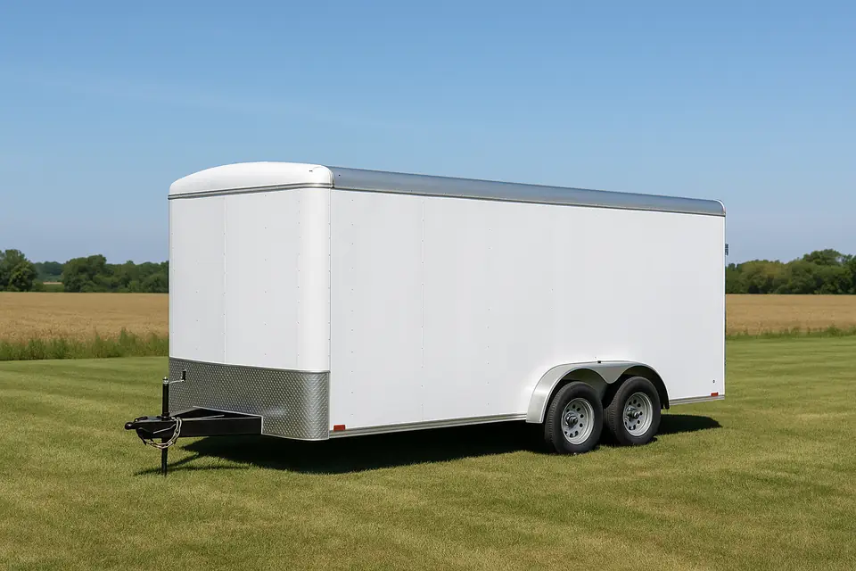 White enclosed car hauler trailer with a closed ramp door parked on grass under a bright sky, no lettering