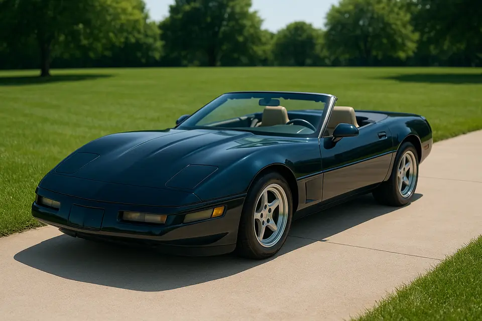 Dark blue two seat American convertible sports car with the top down, parked on a concrete driveway beside a lawn, no badges