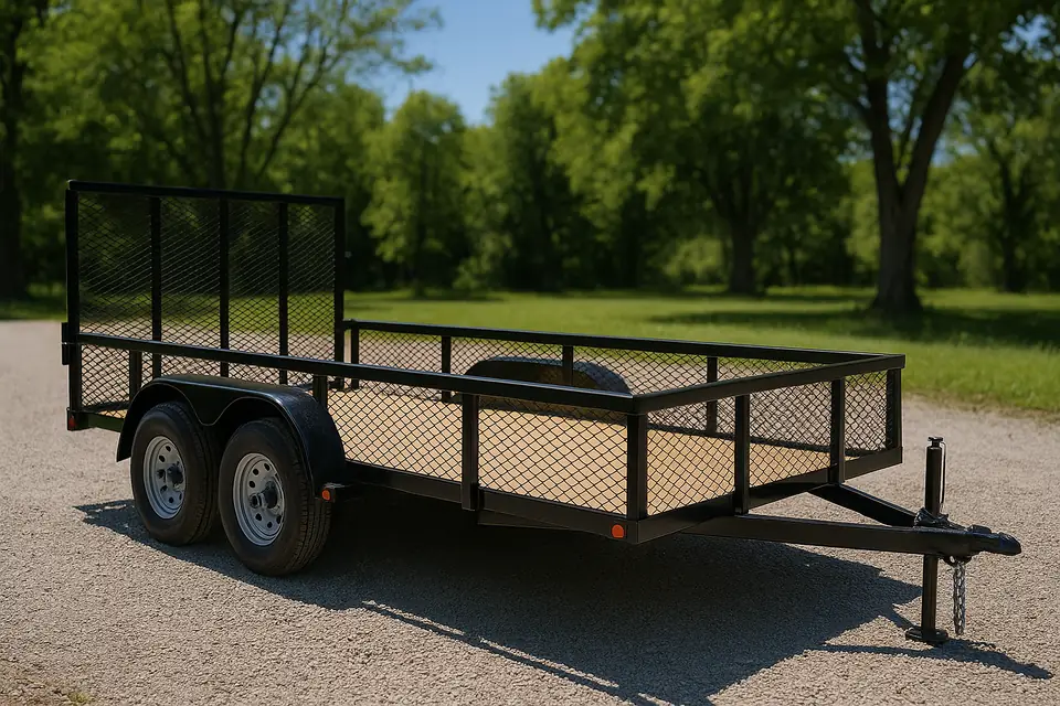Small tandem axle utility trailer with a mesh ramp parked on a gravel driveway in daylight