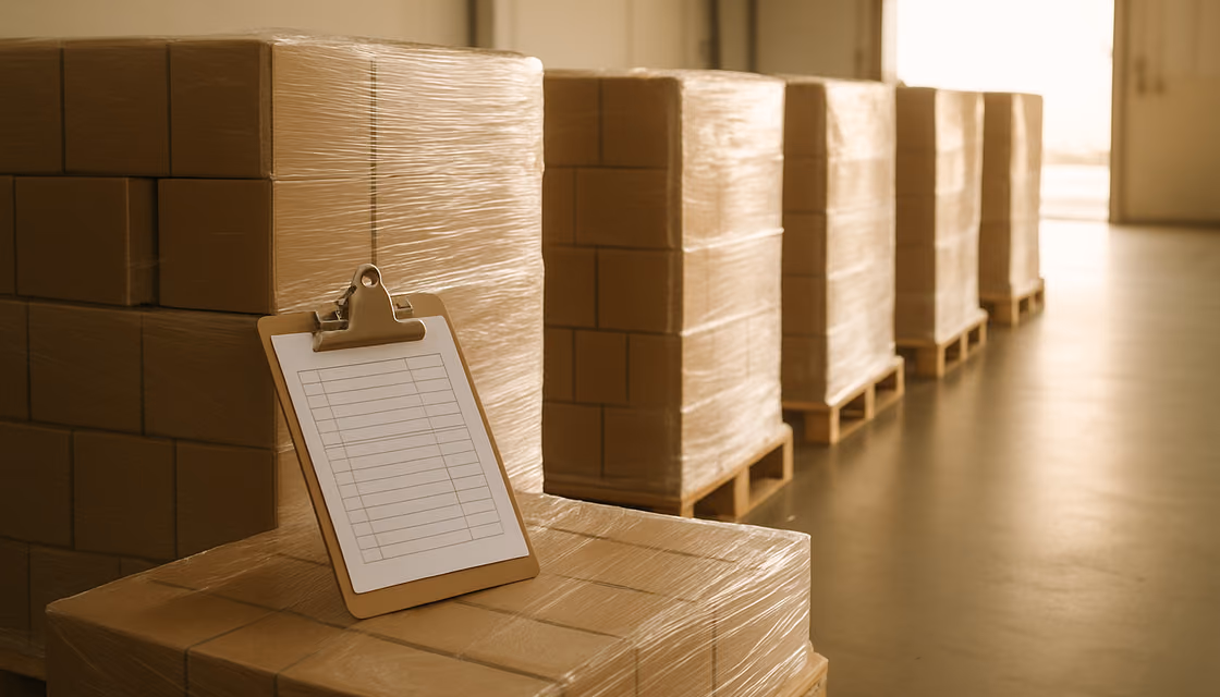 Shrink-wrapped pallets of boxed goods on a warehouse floor with a clipboard on the nearest pallet