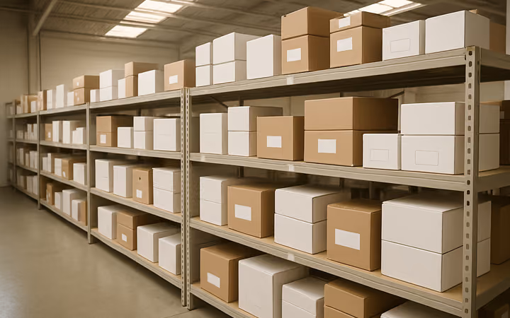 Shelves of sealed product boxes for consumer electronics in a distribution warehouse