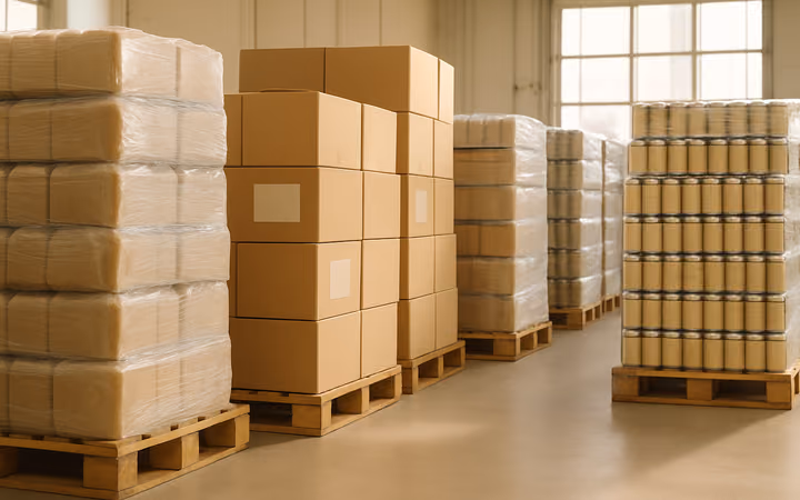 Pallets of shrink-wrapped cases of packaged food and beverages in a dry-goods warehouse