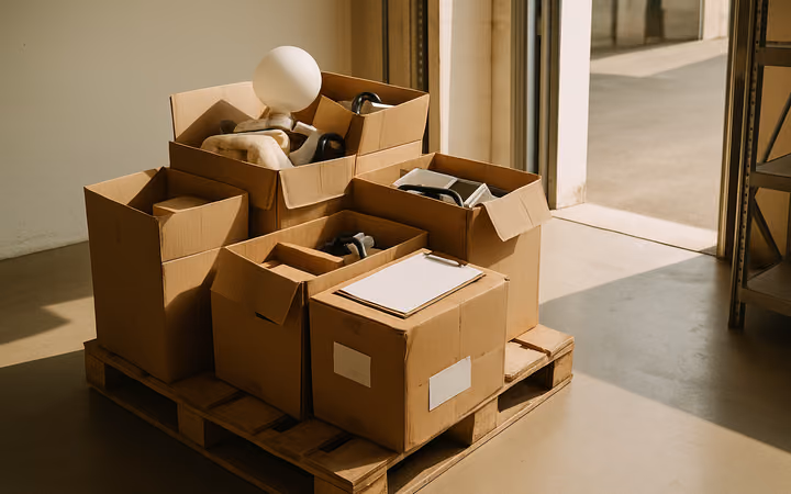 A pallet of mixed open cartons of returned goods with a clipboard on top in a warehouse corner