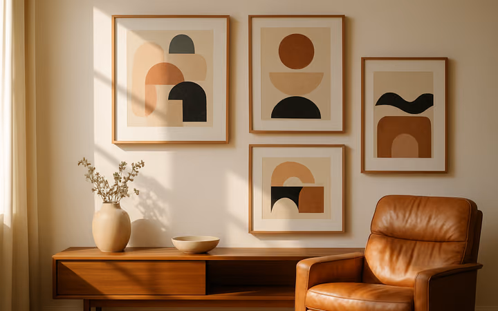A sunlit living room wall hung with framed contemporary paintings
