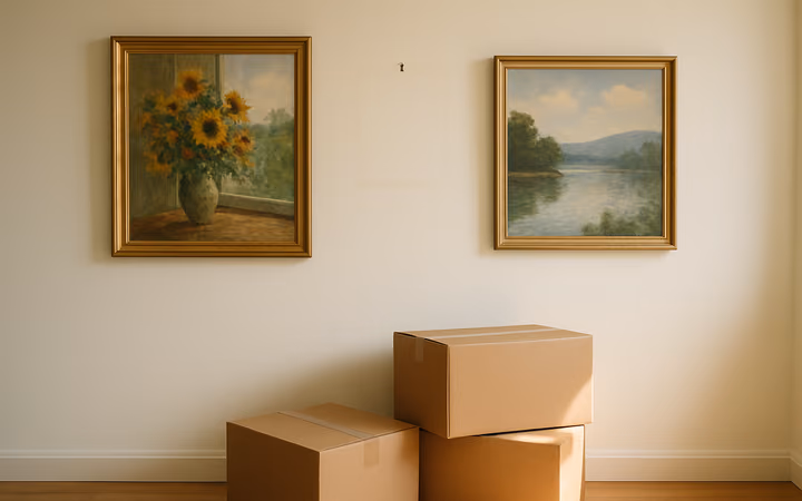 A living room wall with two paintings hanging and one empty picture hook