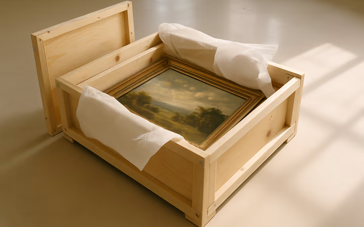 A framed landscape painting wrapped in tissue paper inside an open wooden crate
