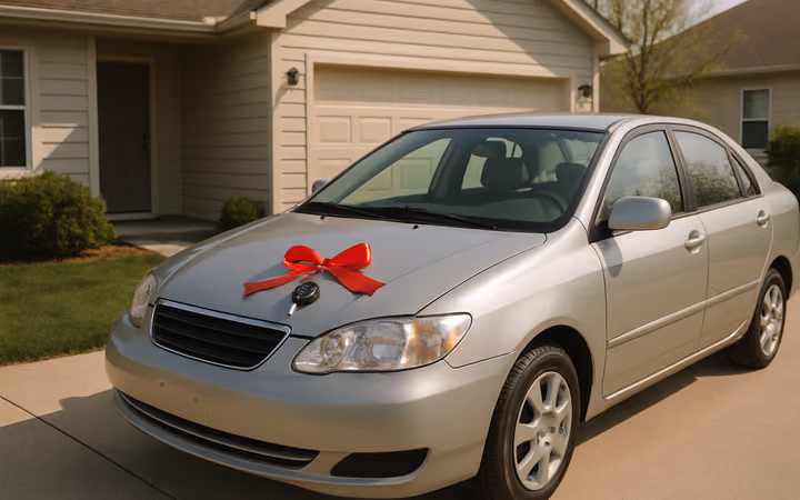 A silver sedan in a suburban driveway with a key and a red ribbon on the hood
