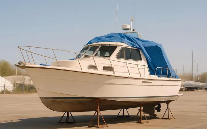 A cabin cruiser on stands in a boatyard with a tarp half rolled back