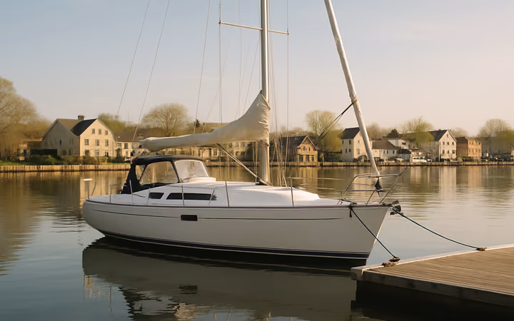 A white sailboat tied at a marina dock on a calm morning