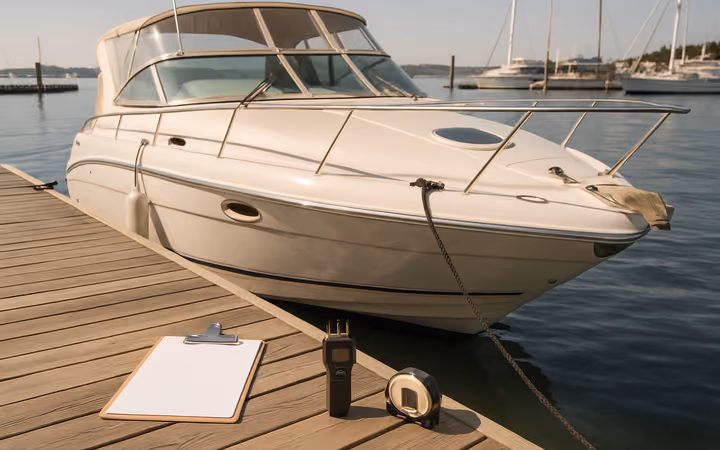 A motor yacht moored at a marina pier with survey tools on the dock