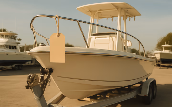 A center-console fishing boat on a trailer in a boatyard