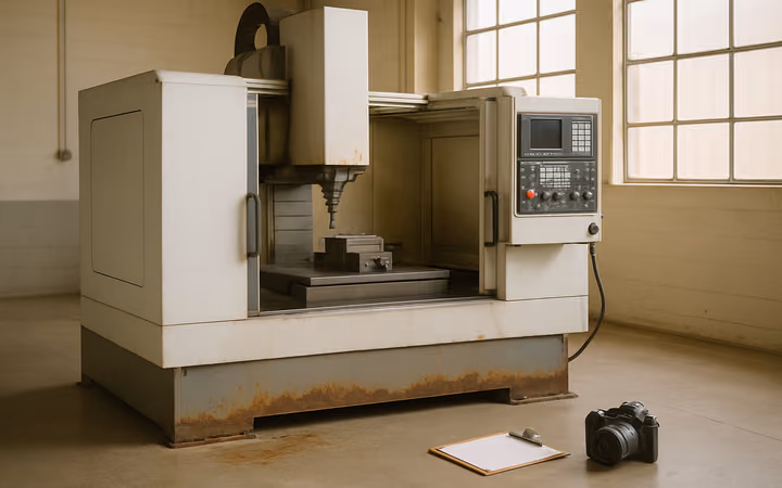 A CNC machine on a workshop floor with water damage marks along its base